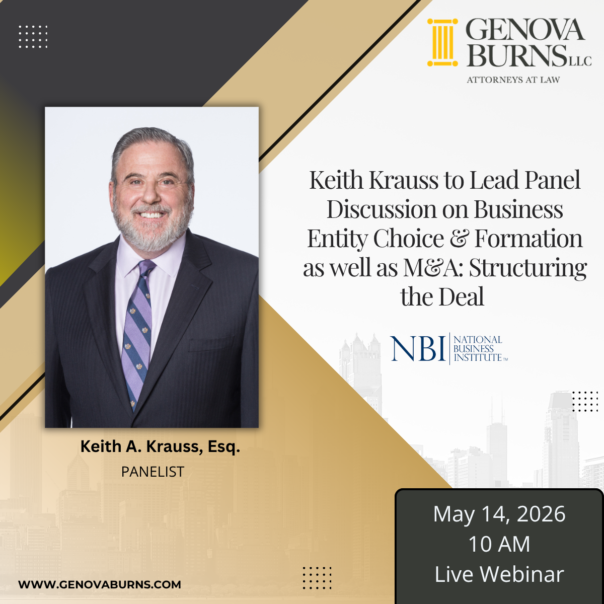 Image featuring Keith Krauss' headshot promoting a National Business Institute program he will participate as a panelist for